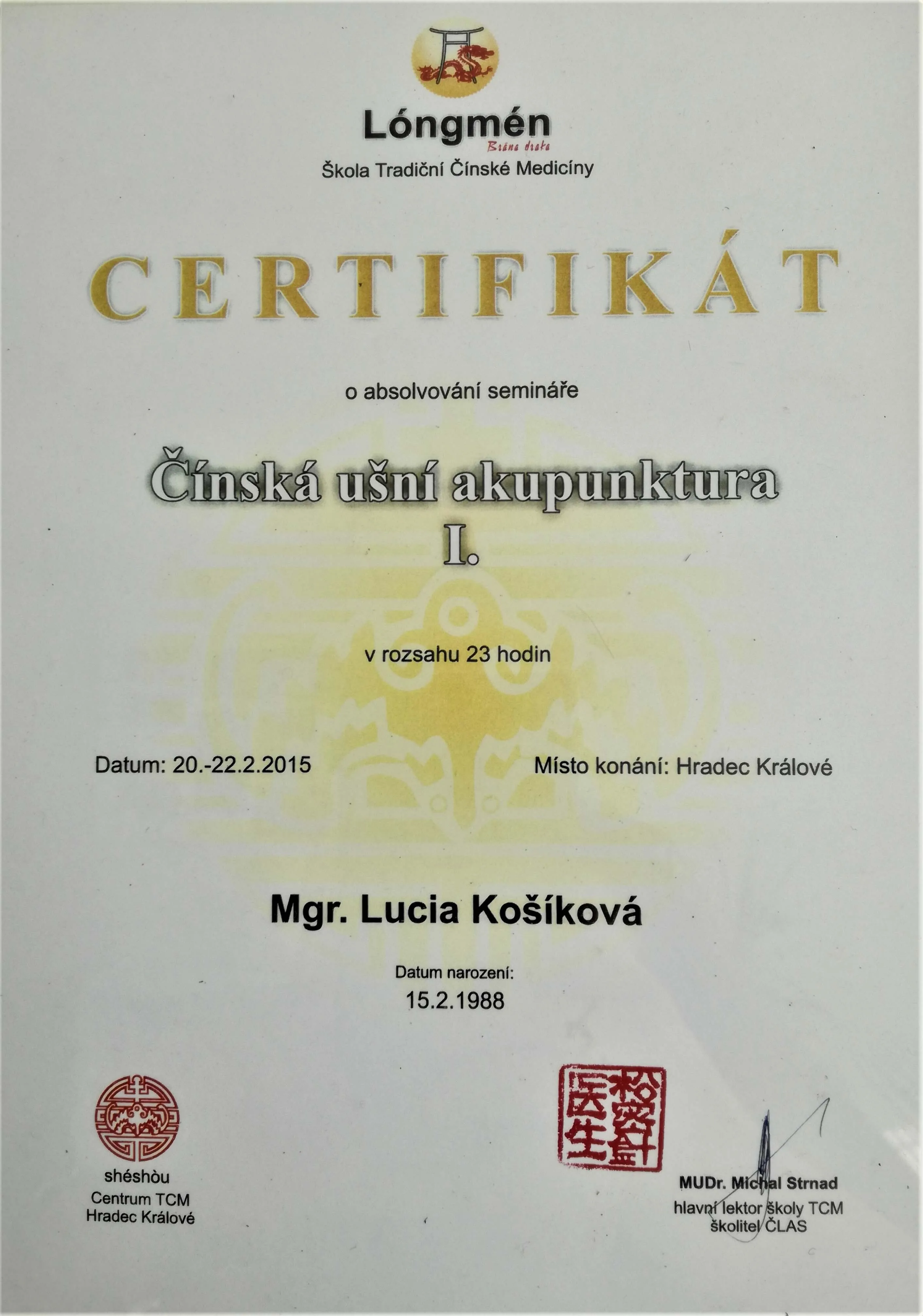 Certifikát školy Lóngmén — čínska ušná akupunktúra