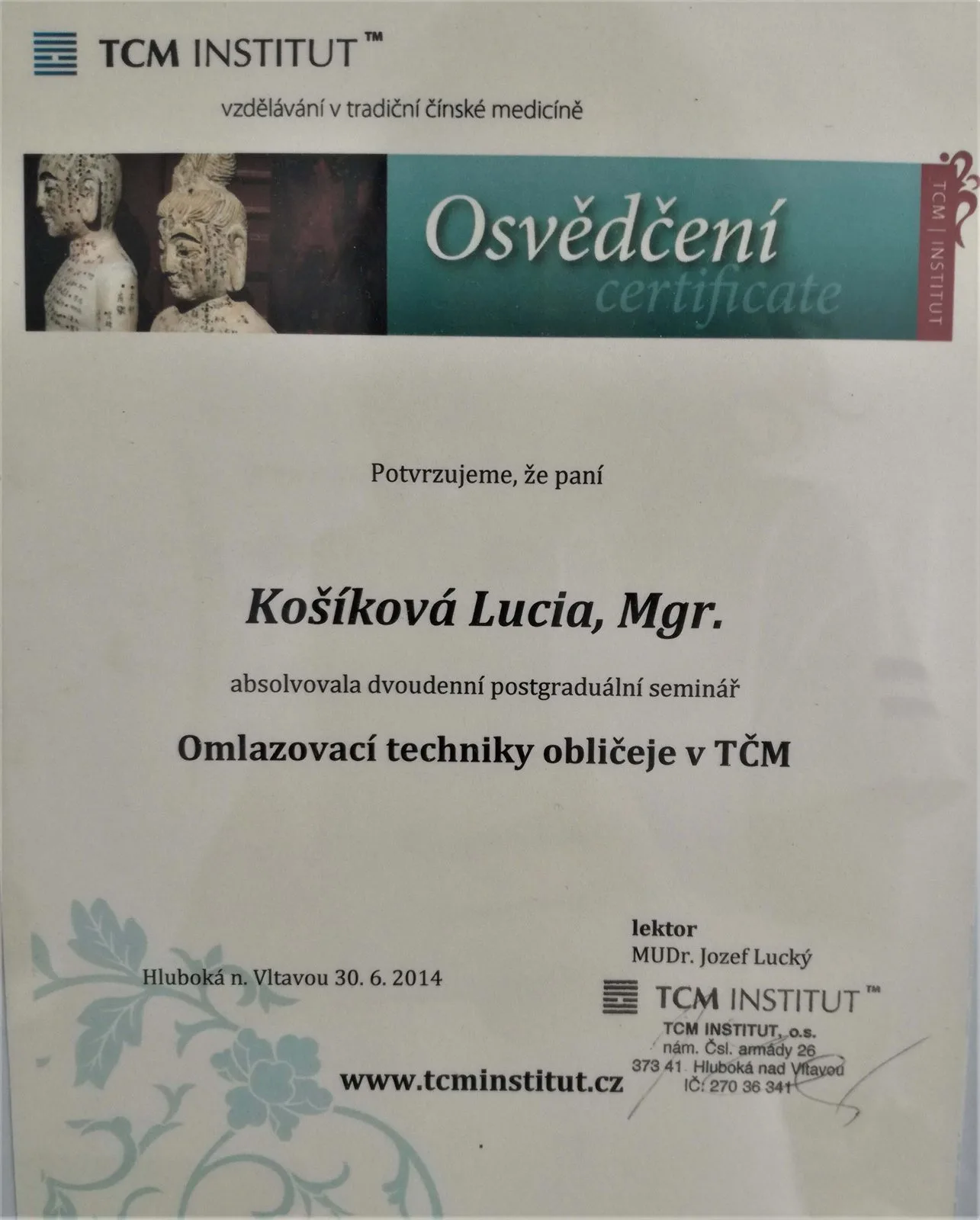 Osvedčenie TCM Institut — omladzovacie techniky tváre v TČM