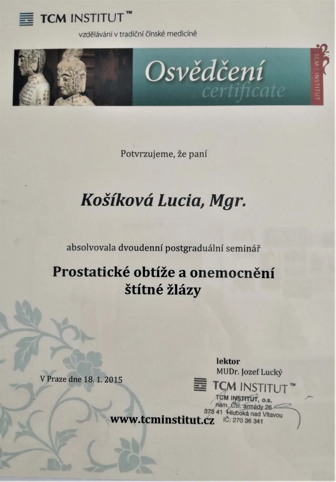 Osvedčenie TCM Institut — prostatické ťažkosti a ochorenia štítnej žľazy